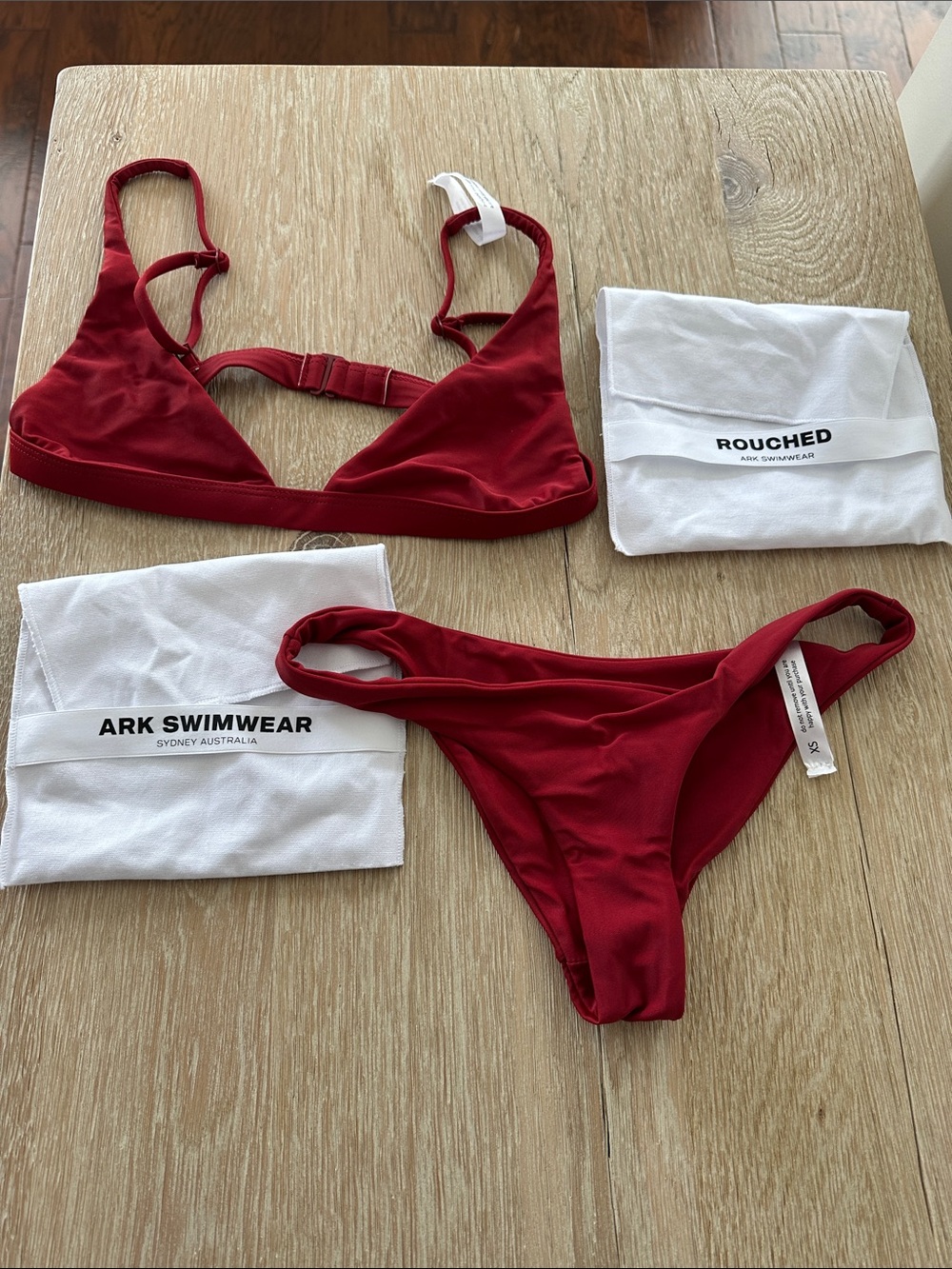Rouched x Ark Swimwear Deep Red Triangle Bikini Set top is S and bottom is xs